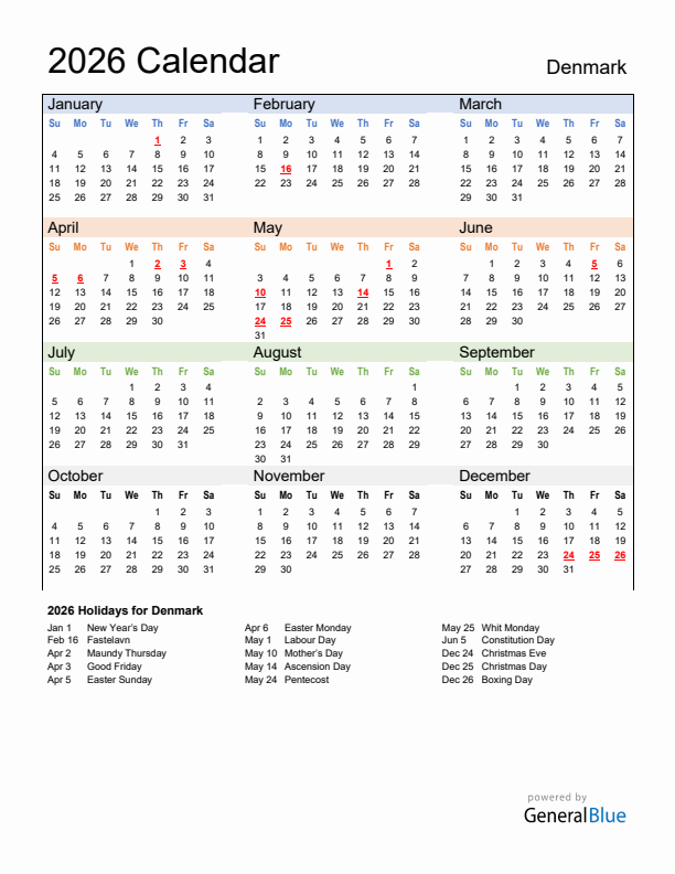 Calendar 2026 with Denmark Holidays