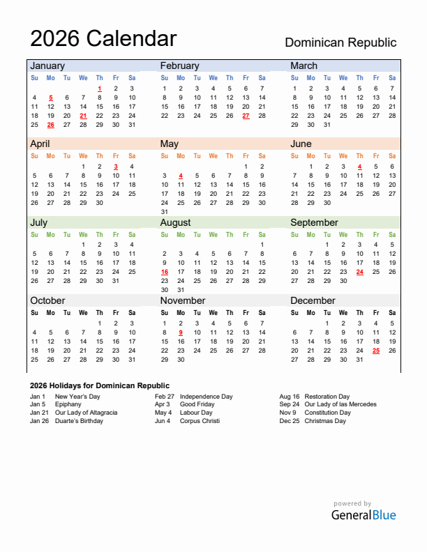 Calendar 2026 with Dominican Republic Holidays