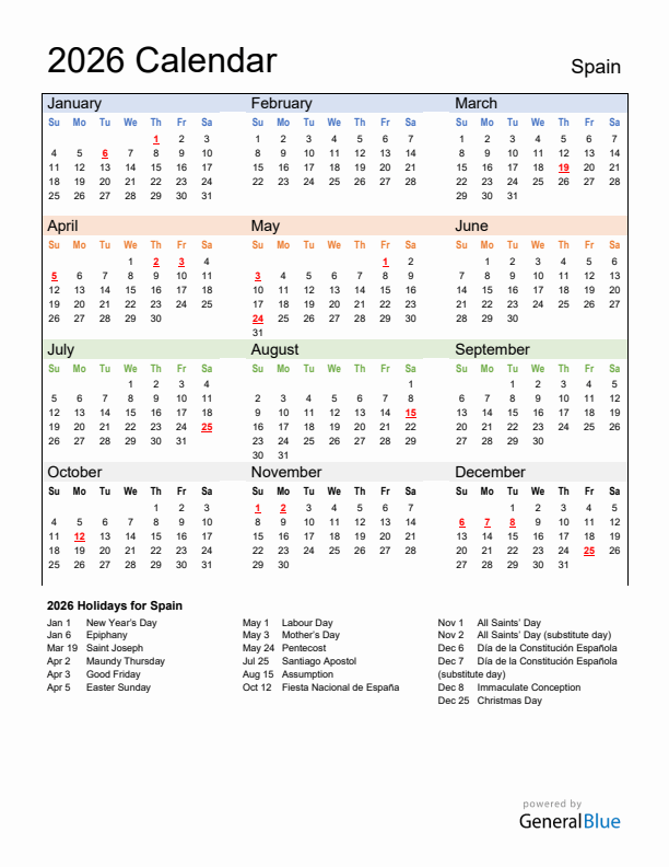 Calendar 2026 with Spain Holidays