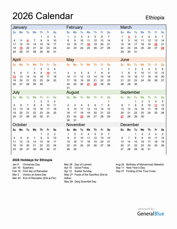 Calendar 2026 with Ethiopia Holidays