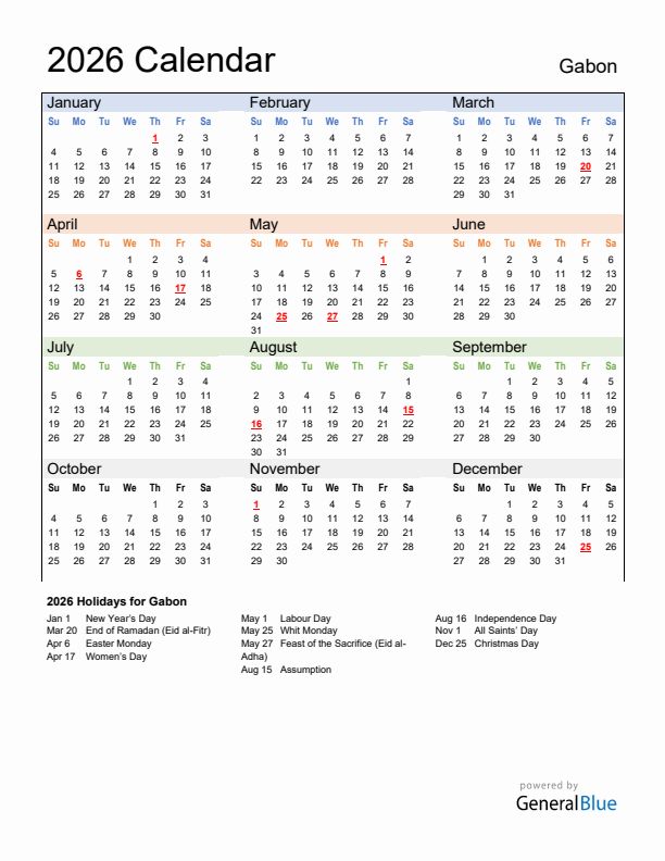 Calendar 2026 with Gabon Holidays