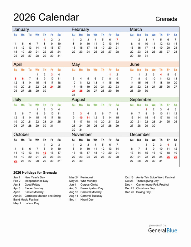 Calendar 2026 with Grenada Holidays