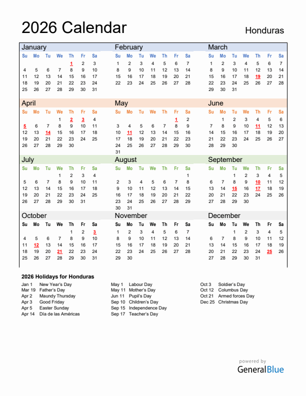 Calendar 2026 with Honduras Holidays