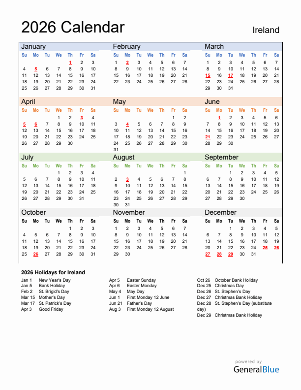 Calendar 2026 with Ireland Holidays