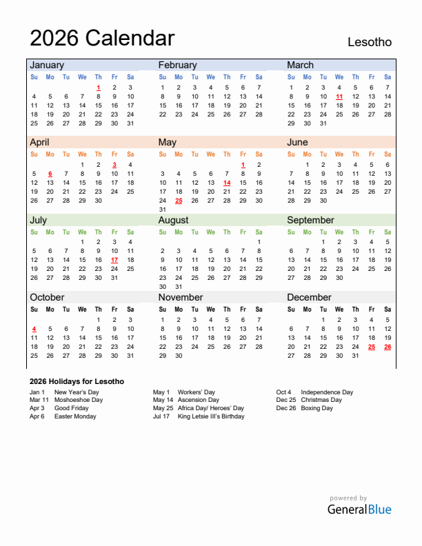 Calendar 2026 with Lesotho Holidays