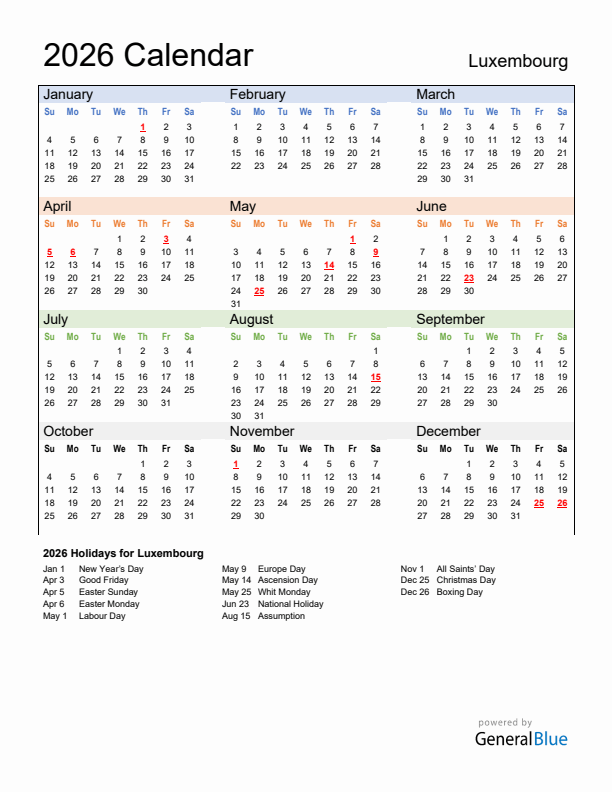 Calendar 2026 with Luxembourg Holidays