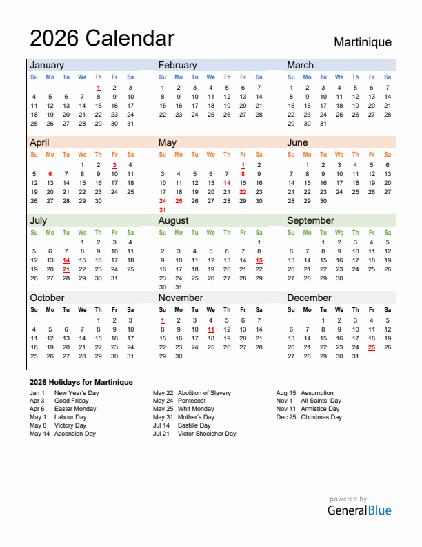 Calendar 2026 with Martinique Holidays