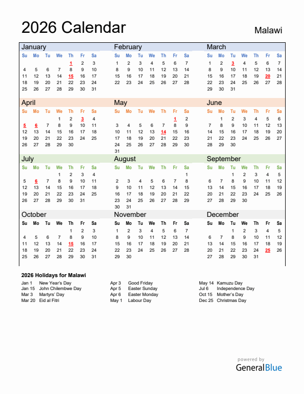 Calendar 2026 with Malawi Holidays