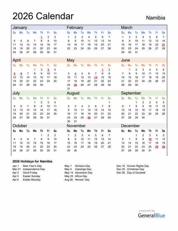 Calendar 2026 with Namibia Holidays