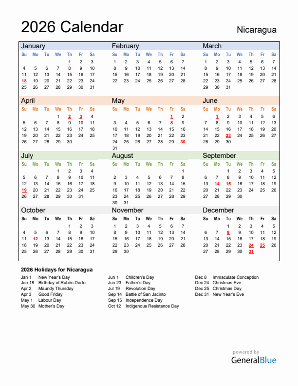 Calendar 2026 with Nicaragua Holidays