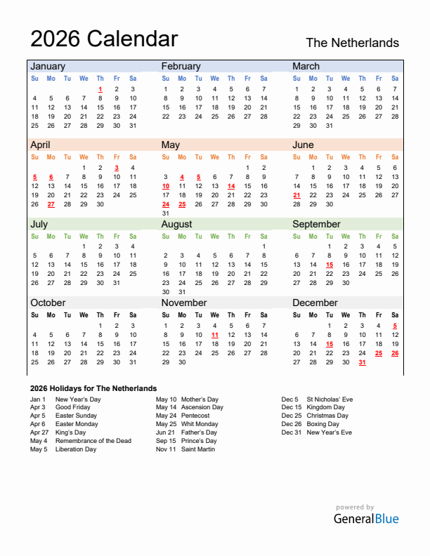 Calendar 2026 with The Netherlands Holidays