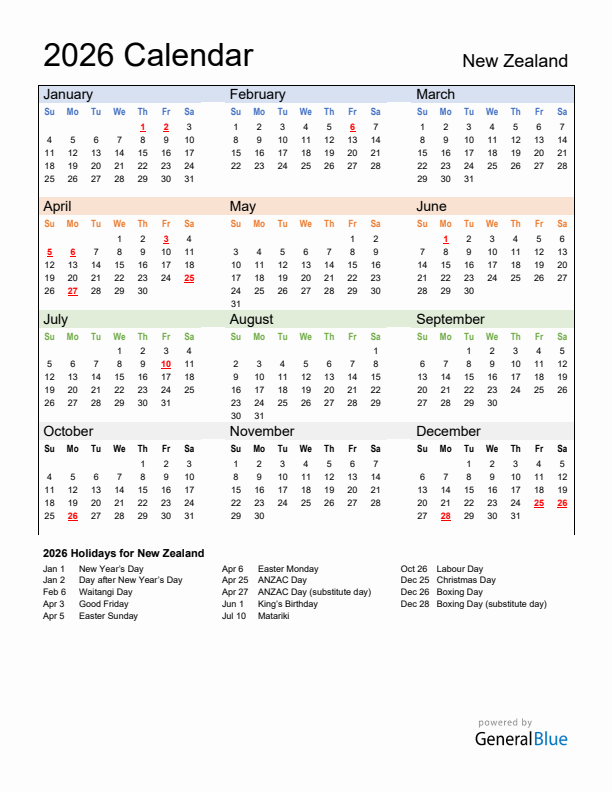 Calendar 2026 with New Zealand Holidays