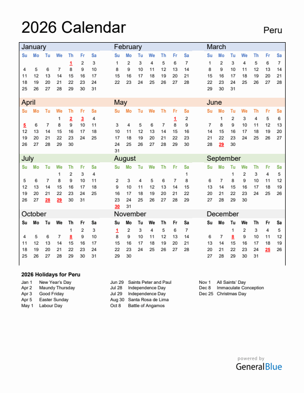 Calendar 2026 with Peru Holidays