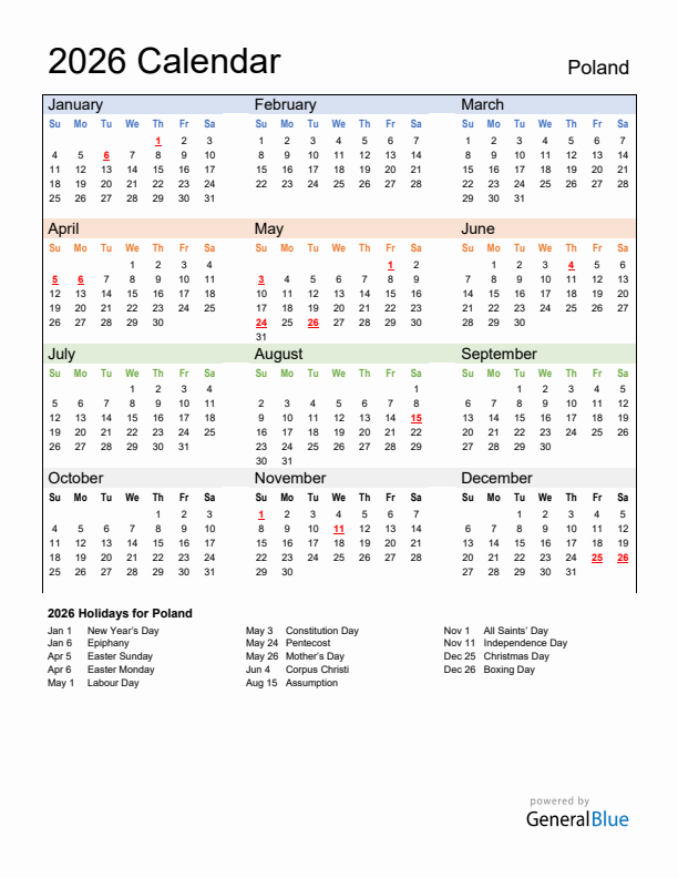 Calendar 2026 with Poland Holidays