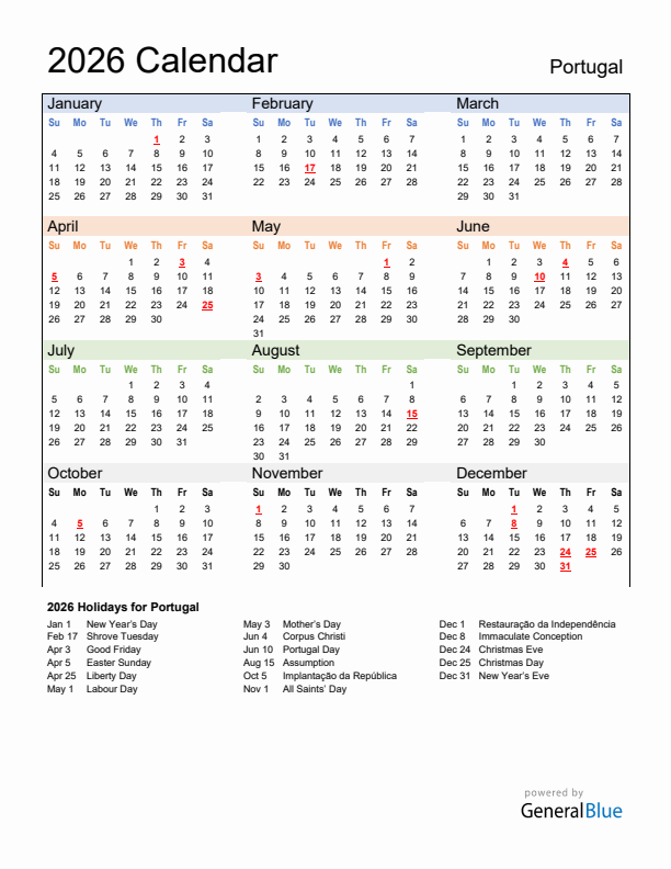 Calendar 2026 with Portugal Holidays