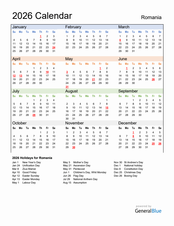 Calendar 2026 with Romania Holidays