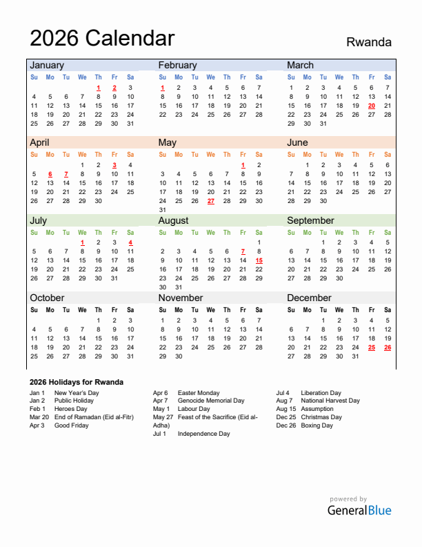 Calendar 2026 with Rwanda Holidays