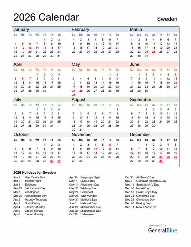 Calendar 2026 with Sweden Holidays