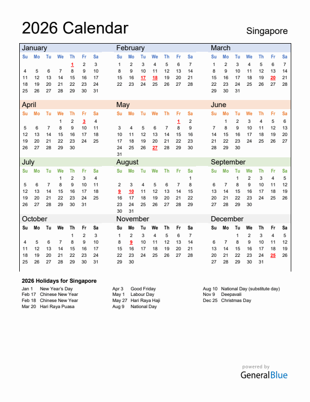 Calendar 2026 with Singapore Holidays