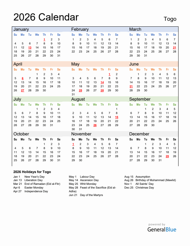 Calendar 2026 with Togo Holidays