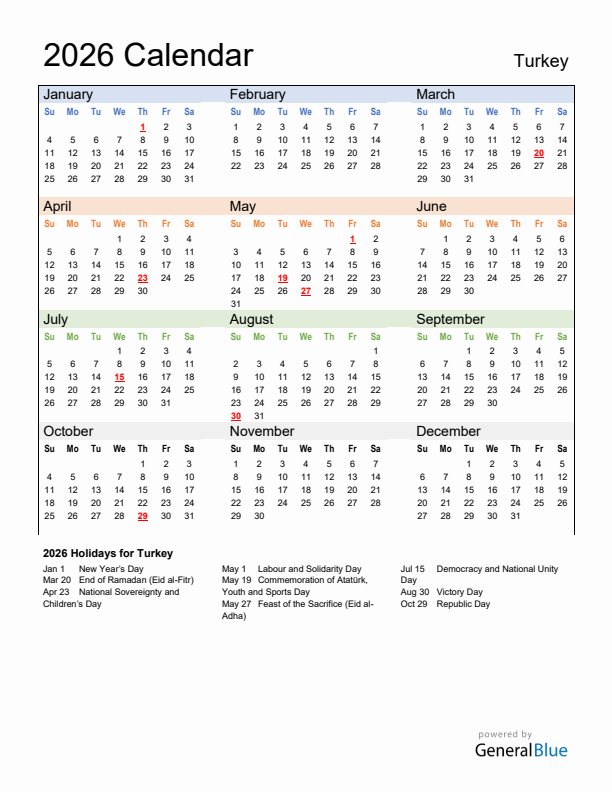 Calendar 2026 with Turkey Holidays