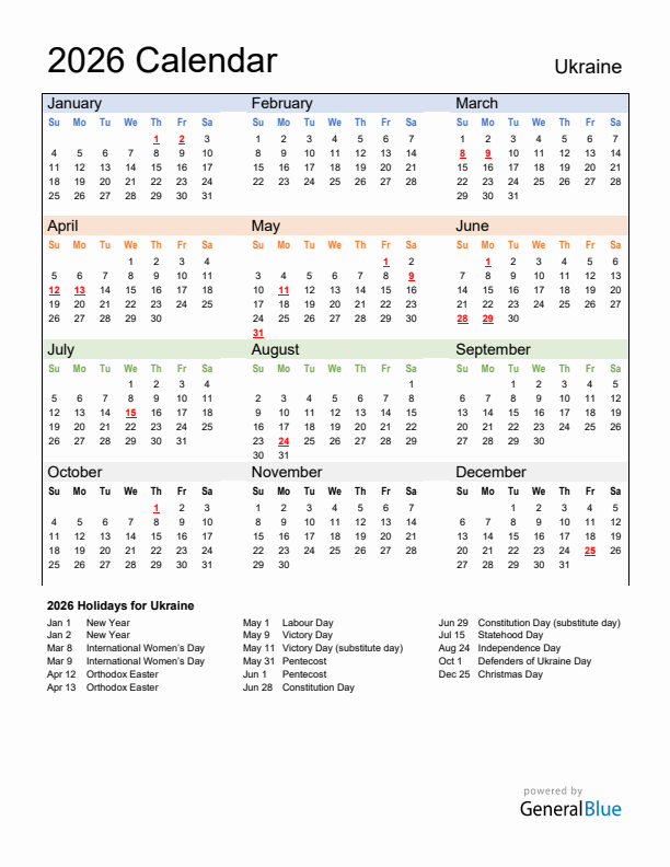 Calendar 2026 with Ukraine Holidays