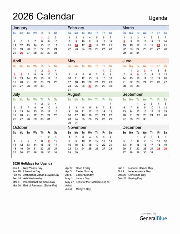 Calendar 2026 with Uganda Holidays