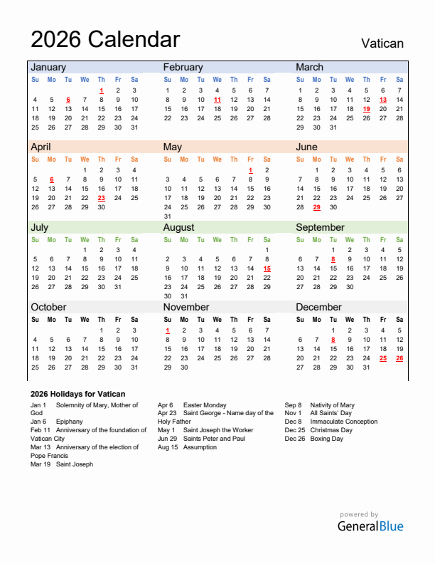 Calendar 2026 with Vatican Holidays