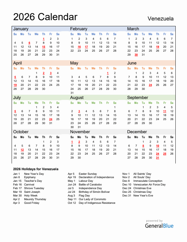 Calendar 2026 with Venezuela Holidays