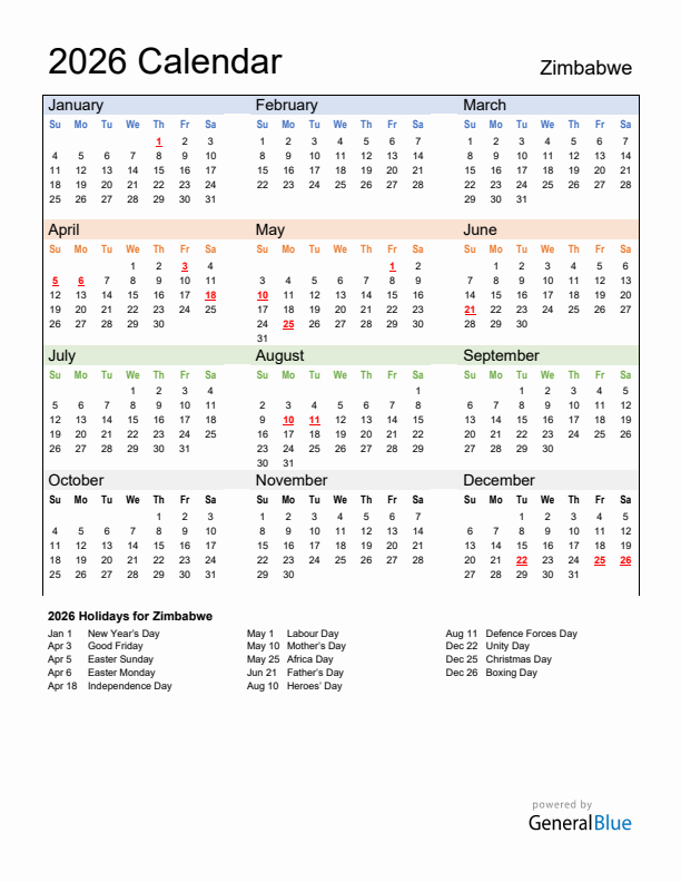 Calendar 2026 with Zimbabwe Holidays