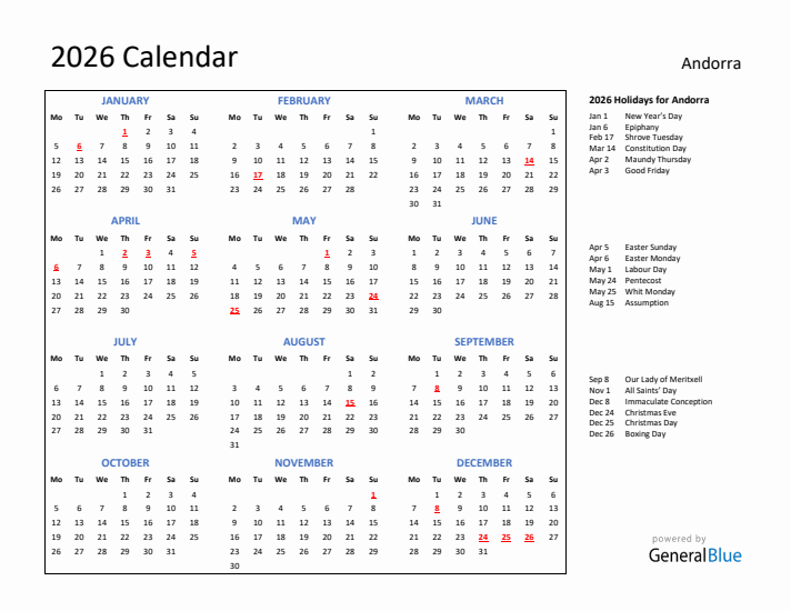 2026 Calendar with Holidays for Andorra