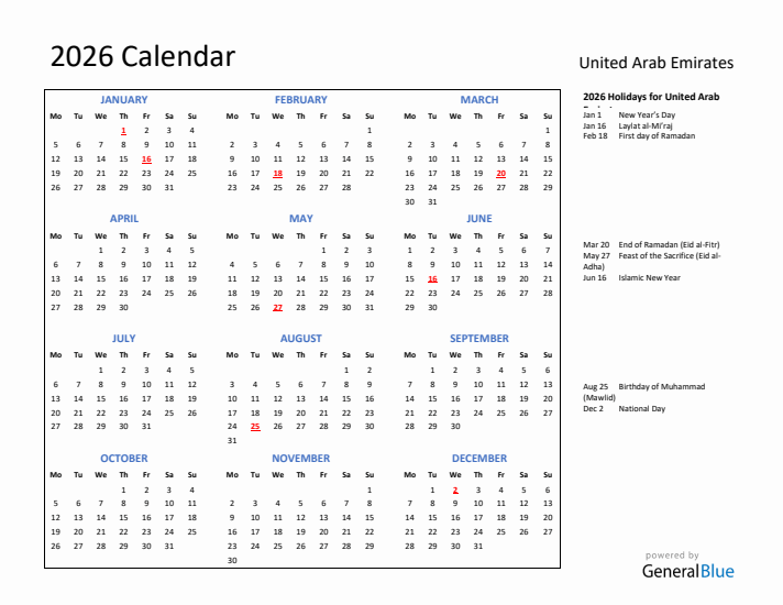 2026 Calendar with Holidays for United Arab Emirates