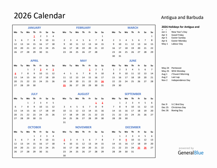 2026 Calendar with Holidays for Antigua and Barbuda