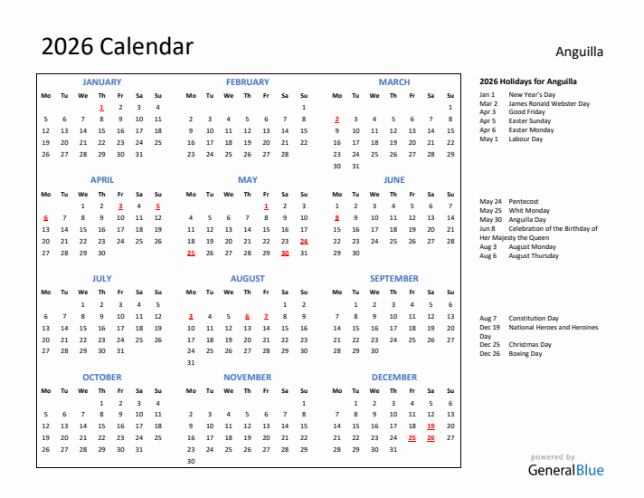 2026 Calendar with Holidays for Anguilla