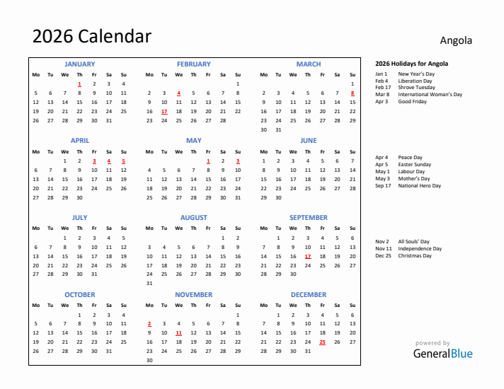 2026 Calendar with Holidays for Angola