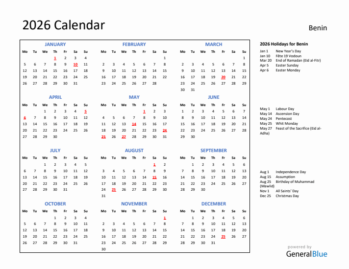 2026 Calendar with Holidays for Benin