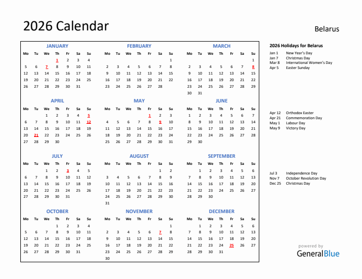 2026 Calendar with Holidays for Belarus