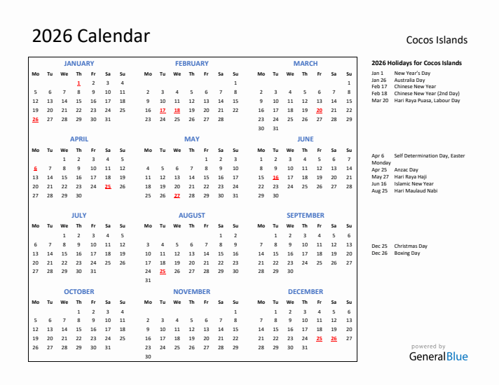 2026 Calendar with Holidays for Cocos Islands