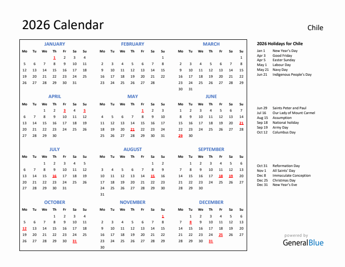 2026 Calendar with Holidays for Chile