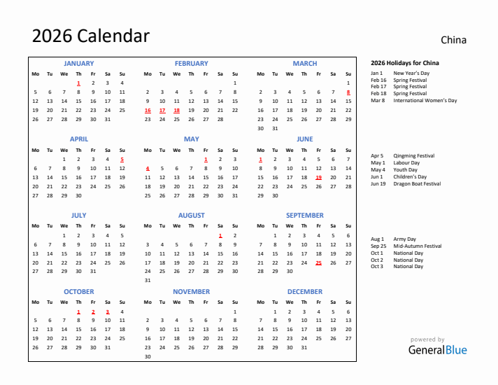 2026 Calendar with Holidays for China