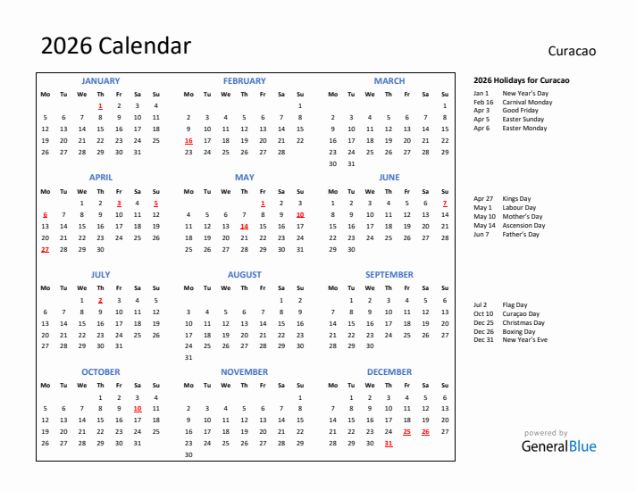 2026 Calendar with Holidays for Curacao