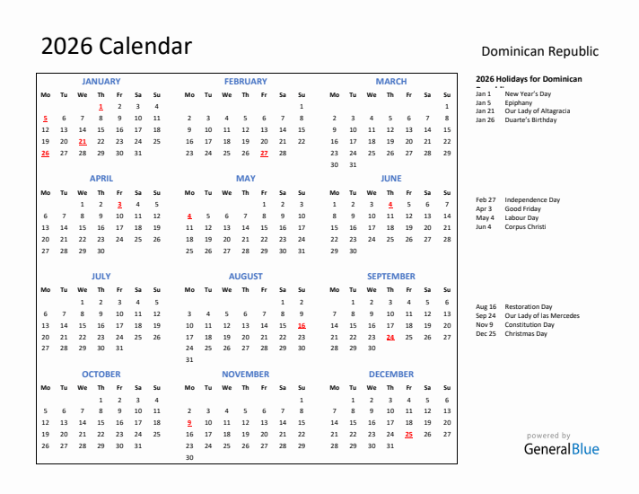 2026 Calendar with Holidays for Dominican Republic