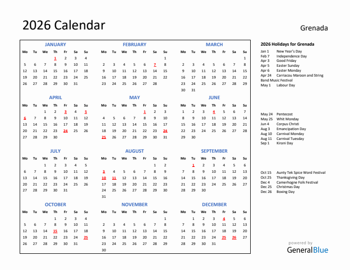 2026 Calendar with Holidays for Grenada