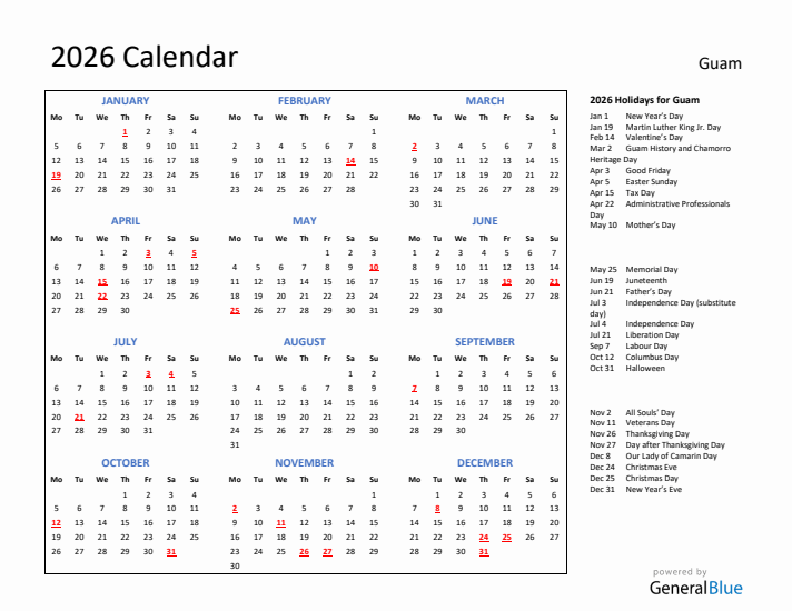 2026 Calendar with Holidays for Guam