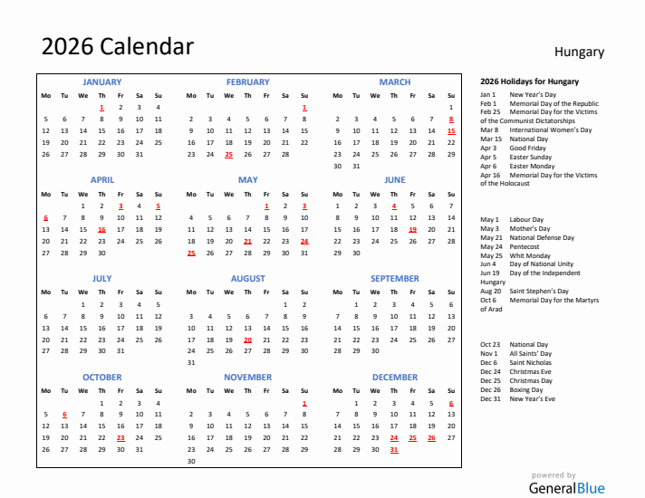 2026 Calendar with Holidays for Hungary