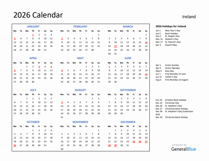 2026 Calendar with Holidays for Ireland