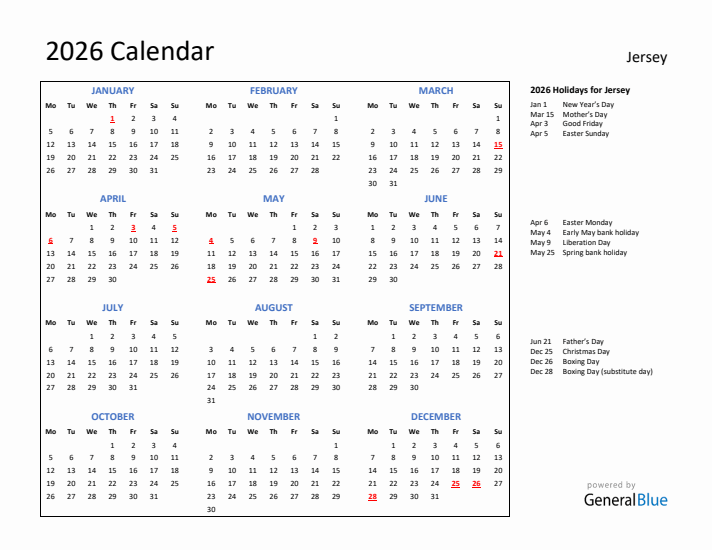 2026 Calendar with Holidays for Jersey