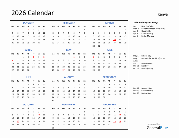 2026 Calendar with Holidays for Kenya