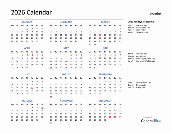 2026 Calendar with Holidays for Lesotho