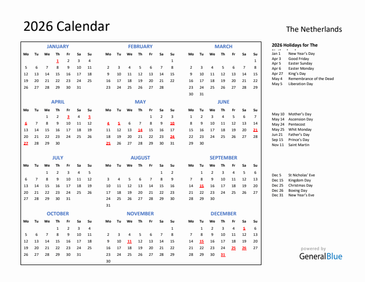 2026 Calendar with Holidays for The Netherlands